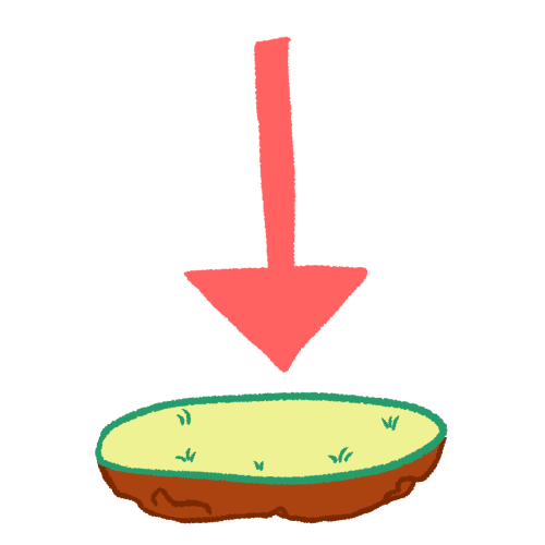 a pink arrow pointing downwards onto a floating, grassy patch of land
